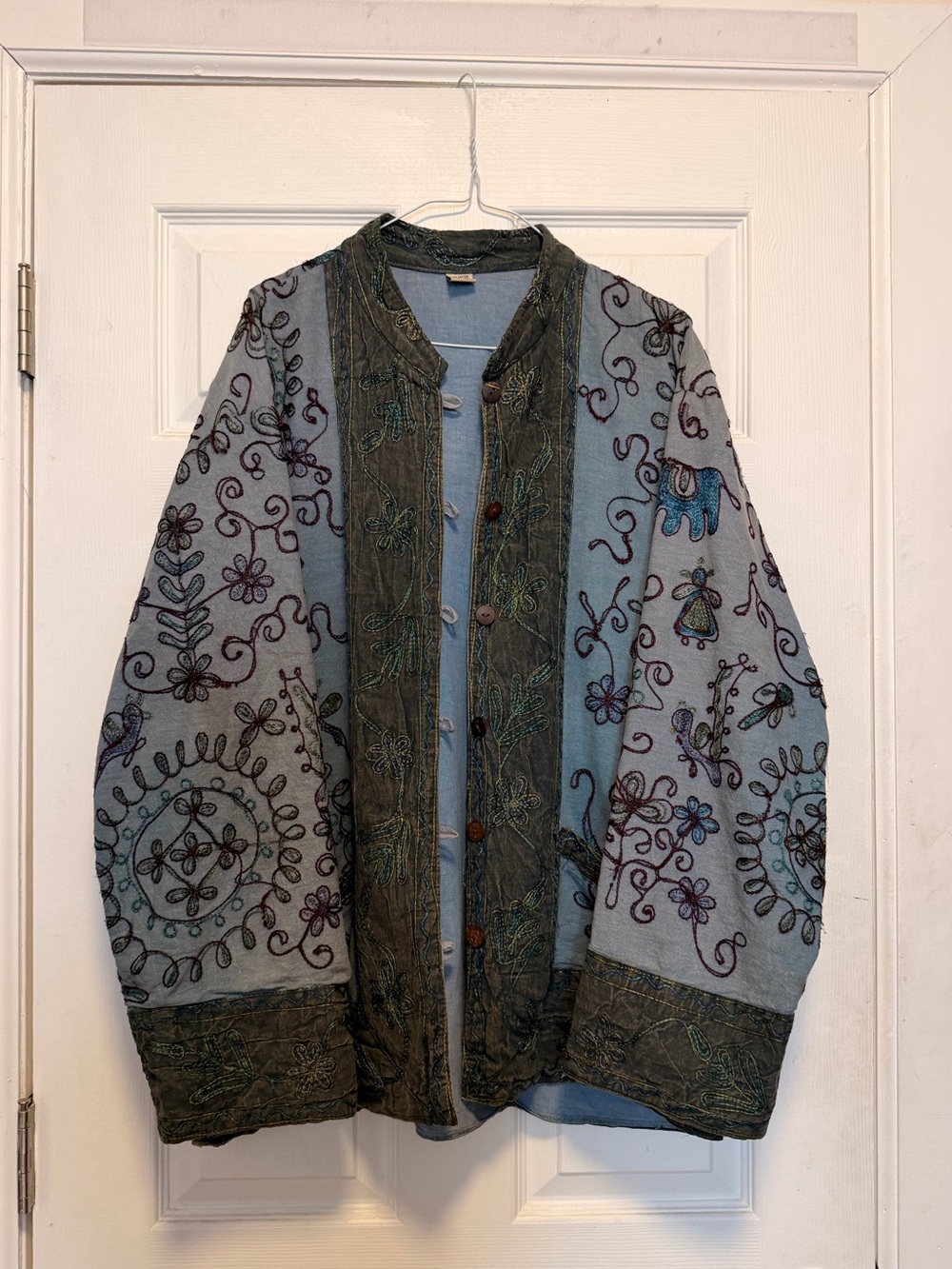Light Blue Embroidered Women’s Jacket with Olive/Gray Trim